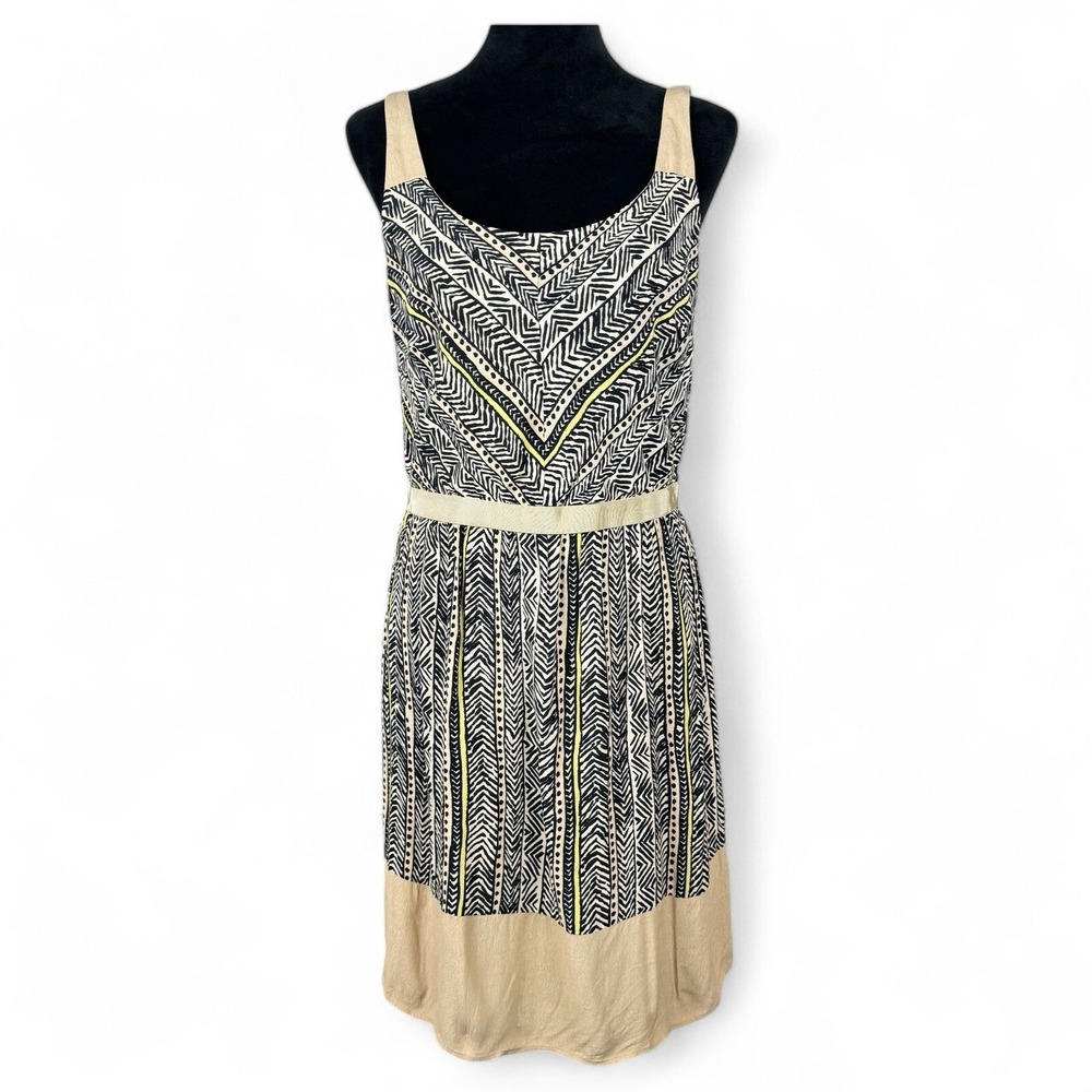 Ann Taylor LOFT Womens Sleeveless Dress Size 10 Beige Black Elastic Waist EUC